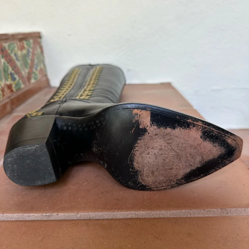 Calleen Cordero women’s black cowboy boot w/ brass diamond embellishment Size 6 - Picture 8 of 13